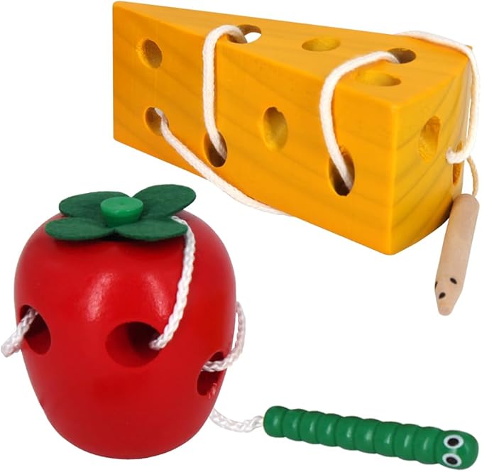Early Development Toys Wooden Lacing Toys, Montessori Activity Caterpillars Eat Apple and Kids Cheese Toys, Children Learning Educational Wood Block Puzzles Toy for Toddlers Boys Girls