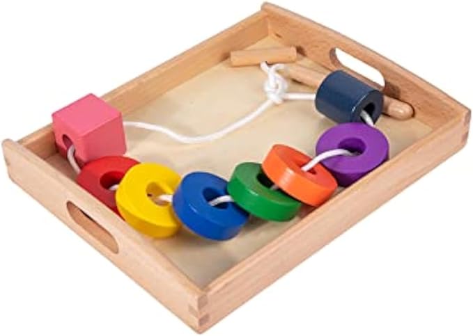 Adena Montessori Wooden Lacing with Tray Stringing Bead Set Toy,Montessori Wooden Beads Shape Sequencing Set for 1 2 3 Year Old Toddler,Fine Motor Skills Preschool Educational Learning for Kids Gifts