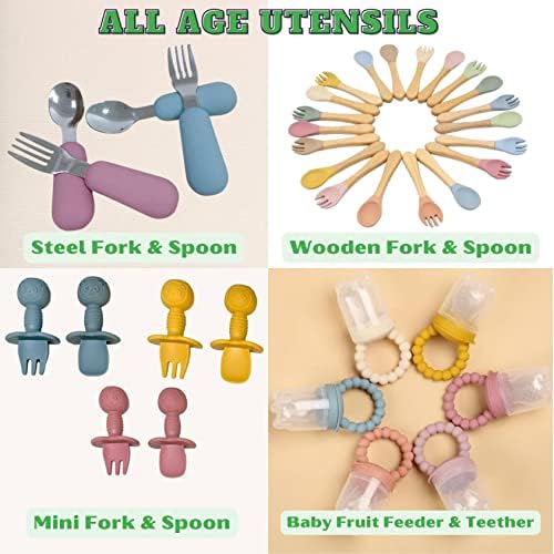 O'doe 17-Piece BPA-Free Silicone Baby Feeding Set | Thick & Soft Suction Plates, Baby Bowls, Wooden Fork & Spoon, and More | Make Mealtime Fun and Easy for Your Little One (Blue, V2)