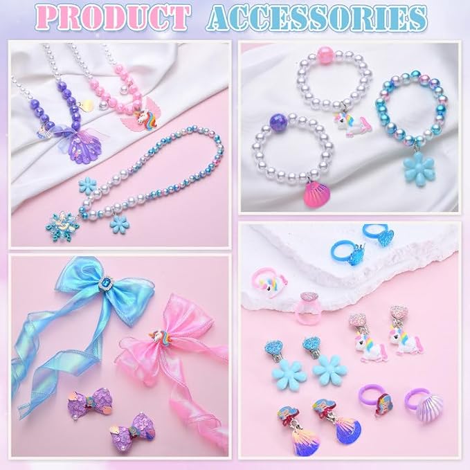 21Pcs Toddler Girls Jewelry Princess Dress Up Hair Bows Bead Necklace Bracelets Pendant Earring Rings, Unicorn Mermaid Forzen Party Favors Costume Accessories Little Girl Birthday Gift Jewelry Toys