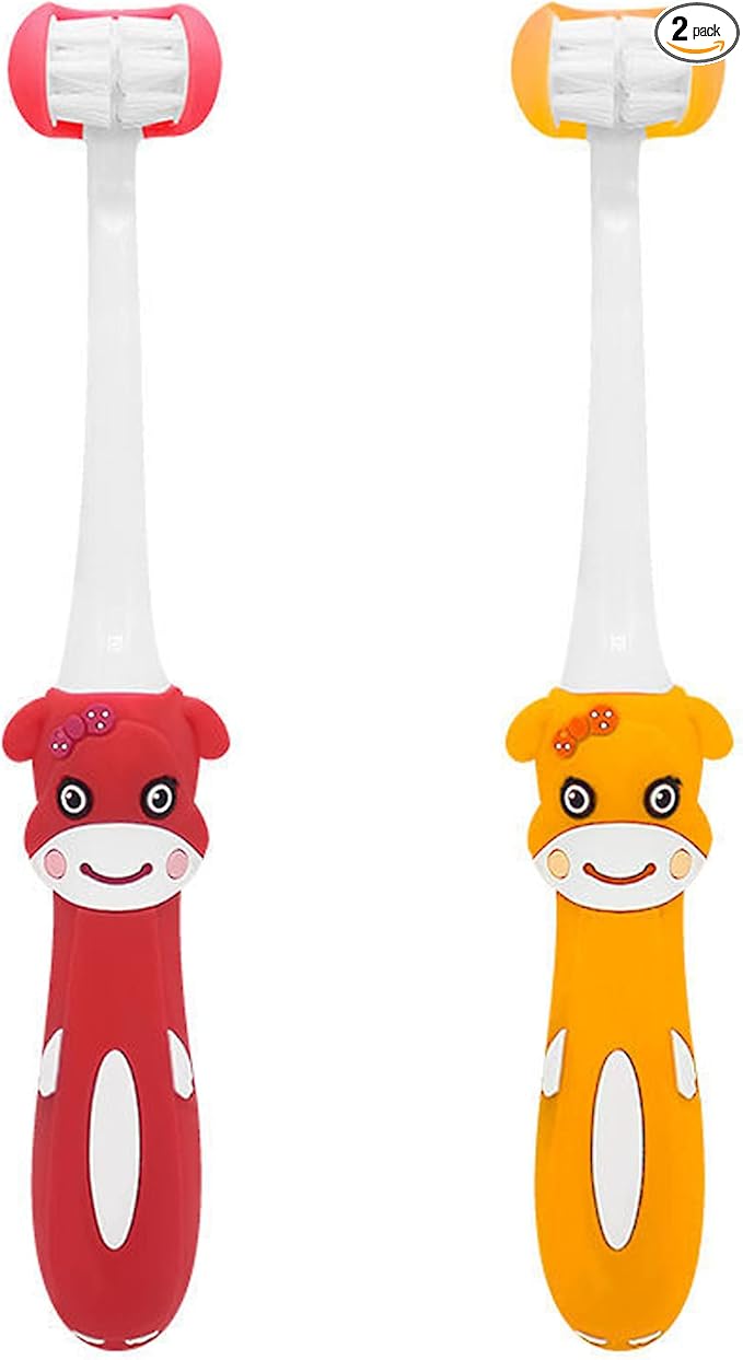 2 Pieces 3 Sided Toddler Toothbrush, Three Bristles for Kids Toothbrush, Autism Soft Bristles Toothbrush,Soft and Gentle for Complete Tooth and Gum Care (C4（Red+Orange） Kids)