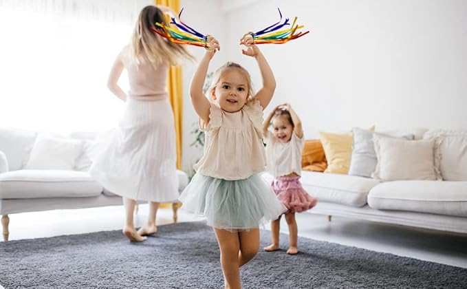 2pcs Baby Natural Wood Bracelet with Bell Rainbow Ribbon Sensory Toy- The Best Sensory Toys for Audiovisual and Motor Development, Encourages Parent-Child Interaction, for Babies Aged 3-24 Months