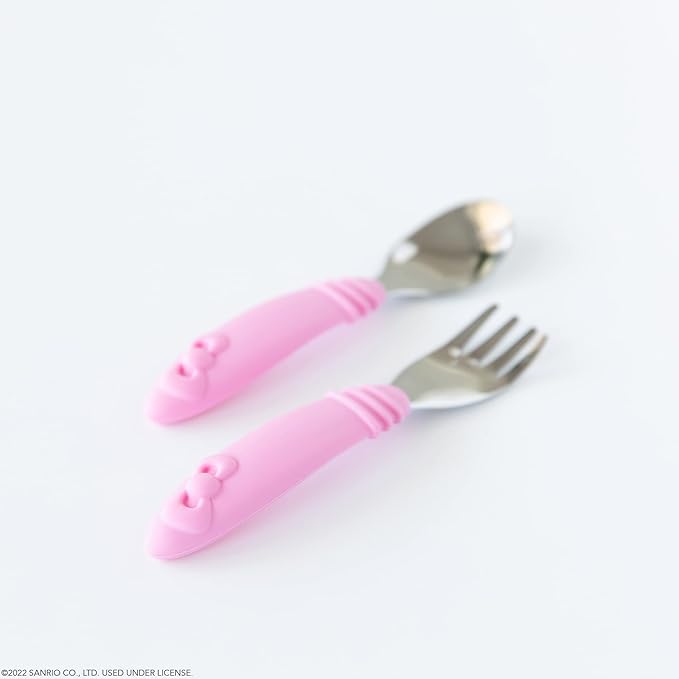 Bumkins Toddler Utensils, Kids Size Fork and Spoon Set, Silicone and Stainless-Steel Training Silverware, Angled Fork / Spork for Self-Feeding, Children Learning to Eat, 18 Mos Up, Hello Kitty Pink