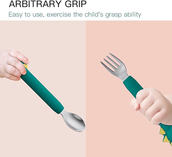 Baby Forks and Spoons Set Baby Training Utensils Self Feeding Toddler Silverware Silicone and Stainless Steel Kids and Toddler Utensil (Green Dinosaur - Long)