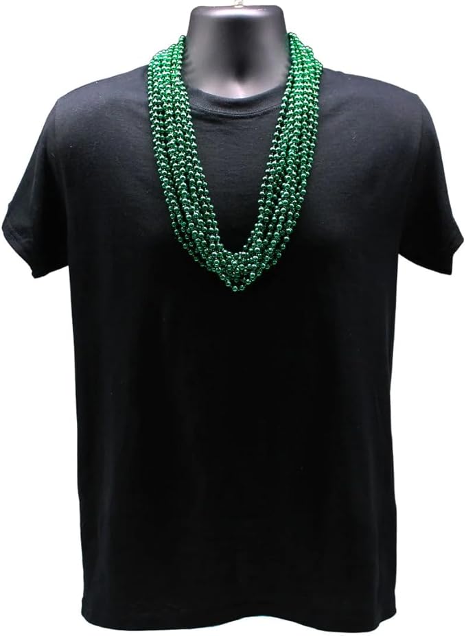 33 inch 07mm Round Metallic Green Mardi Gras Beads - 6 Dozen (72 Necklaces)