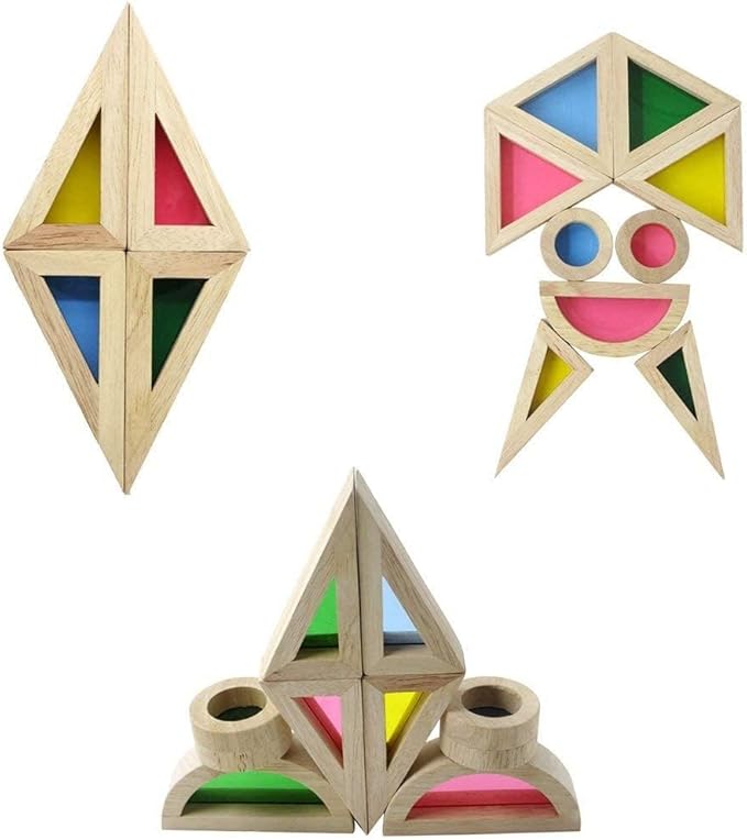 Agirlgle Wood Building Blocks Set for Kids 24 Pcs Rainbow Stacker Stacking Game Construction Toys Set Preschool Colorful Learning Educational Toys - Geometry Wooden Blocks for Boys & Girls