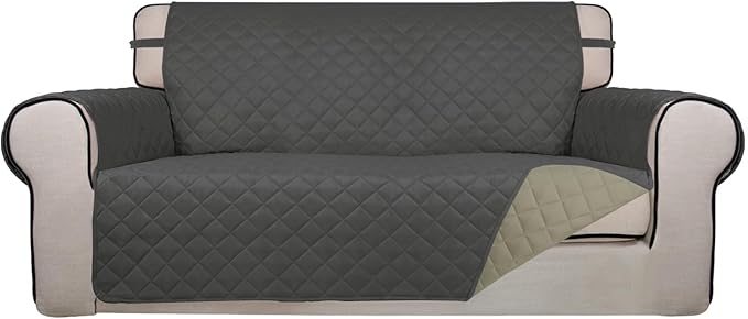 PureFit Reversible Quilted Sofa Cover, Water Resistant Slipcover Furniture Protector, Washable Couch Cover with Non Slip and Elastic Straps for Kids, Dogs, Pets (Oversized Loveseat, Dark Gray/Beige)