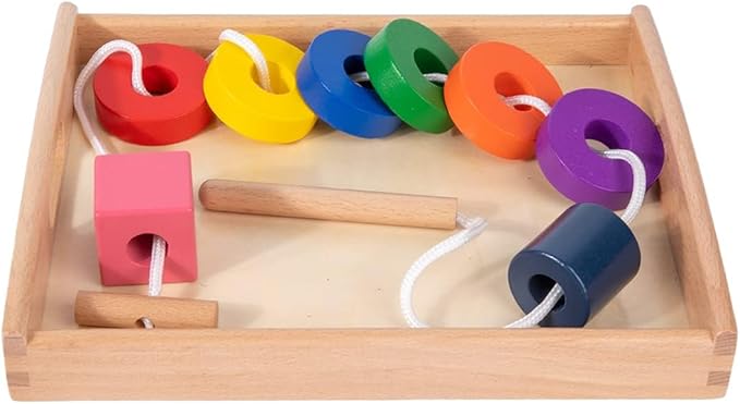 Adena Montessori Wooden Lacing with Tray Stringing Bead Set Toy,Montessori Wooden Beads Shape Sequencing Set for 1 2 3 Year Old Toddler,Fine Motor Skills Preschool Educational Learning for Kids Gifts