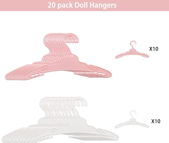 20 Pcs Doll Hangers for 18 inch Doll Clothes, Combination of 10 Pink and 10 White, Made of Safe and Sturdy ABS Plastic, Doll Hangers Accessories Work Great with Rod Less Than 1/2 inch Diameter