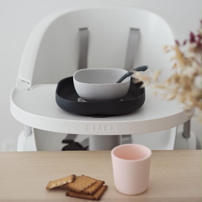BEABA Silicone 4 Piece Baby Feeding Set, Suction Plates for Baby, Includes Plate, Bowl, Cup, 2nd Stage Silicone Spoon, High Grade Food Safe Silicone, Midnight