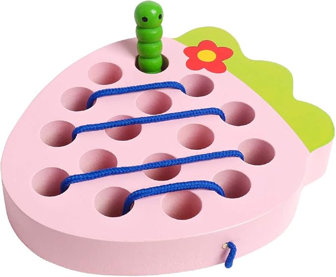 Skrtuan Wooden Lacing Threading Toys Wood Block Puzzle Car Airplane Travel Game Montessori Early Development Fine Motor Skills Educational Gift for 3 4 5 Years Old Toddlers Baby Kids, 1 Strawberry