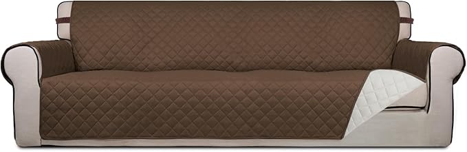 PureFit Reversible Quilted Sofa Cover, Water Resistant Slipcover Furniture Protector, Washable Couch Cover with Non Slip and Elastic Straps for Kids, Dogs, Pets (4 Seater Sofa, Coffee/Ivory)