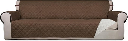 PureFit Reversible Quilted Sofa Cover, Water Resistant Slipcover Furniture Protector, Washable Couch Cover with Non Slip and Elastic Straps for Kids, Dogs, Pets (4 Seater Sofa, Coffee/Ivory)
