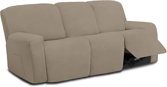 Easy-Going 8 Pieces Microfiber Stretch Sectional Recliner Sofa Slipcover Soft Fitted Fleece 3 Seats Couch Cover Washable Furniture Protector with Elasticity for Kids Pet(Recliner Sofa, Natural)