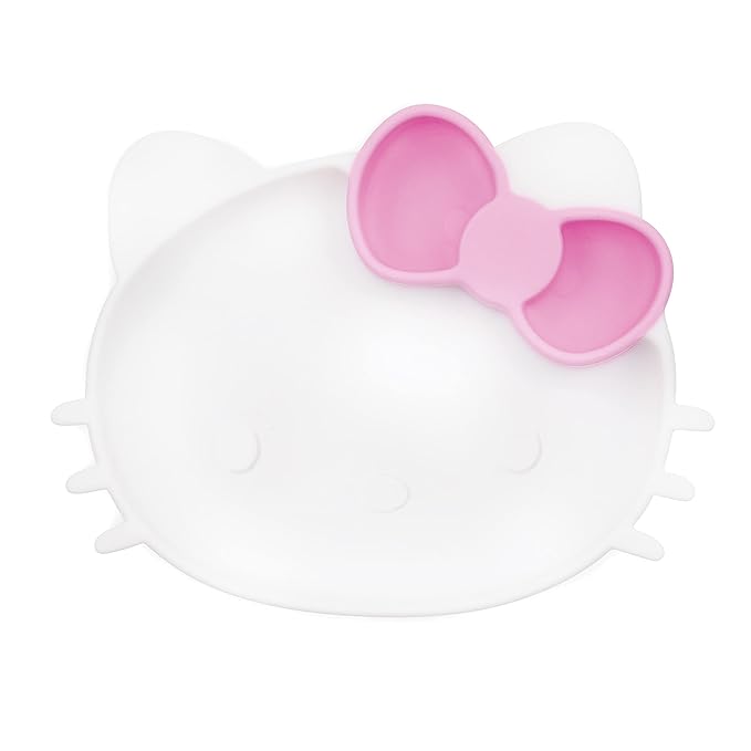 Bumkins Toddler and Baby Suction Plate, Silicone Grip Dish, Baby Led Weaning, Kids Feeding Supplies, Non Skid Sticky Bottom, Platinum Silicone, for Children Ages 6 Months Up, Hello Kitty