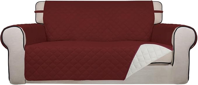 PureFit Reversible Quilted Sofa Cover, Water Resistant Furniture Protector, Washable Couch Cover with Non Slip and Elastic Straps for Kids, Dogs, Pets (Oversized Loveseat, Red/Ivory)