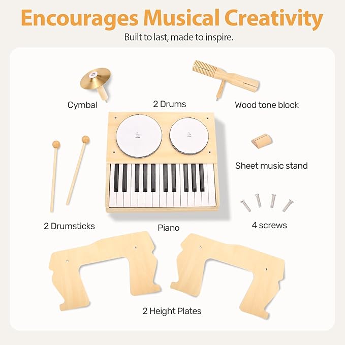 OATHX Kids Piano Keyboard, 25 Keys Digital with Drum Set and Volume Adjustable, 6 in 1 Musical Instruments for Kids Toddlers Baby Children, Wooden Mini Piano Gifts for Girls Boys Ages 3+