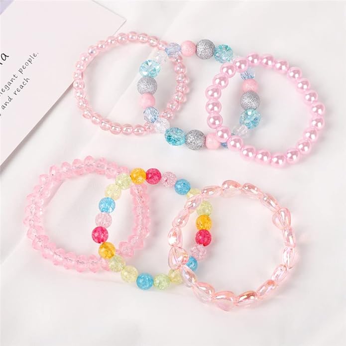 6 Pieces Princess Bracelets,Rainbow Stretchy Bead Bracelets Pink Love Bracelet,Girls Costume Jewelry Set