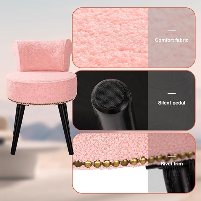 Sherpa Vanity Chair with Back Small Makeup Chair with Wood Legs Sherpa Vanity Stool Tufted Accent Chairs with Low Back Makeup Chair for Vanity for Women Girl and Kids (Pink)
