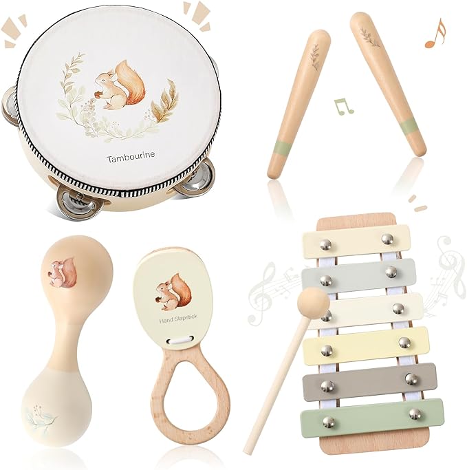 Toddler Musical Instruments | Baby Musical Toys Wooden Toys Educational Toys for Toddlers | Neutral Color Musical Instruments Set | Early Learning Music Toys for Boys Girls Gift