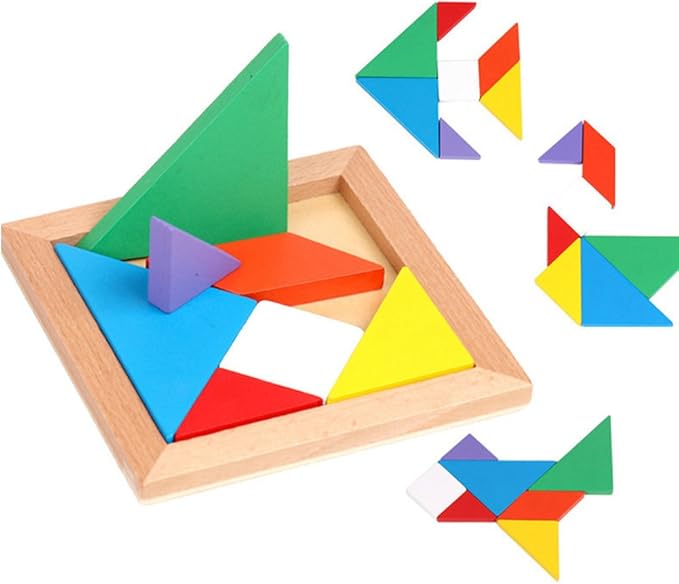3 otters Wooden Tangrams Puzzles, 4 Pack Educational Tangrams Shapes Puzzle Toys for Kids Christmas Stocking Stuffers, STEM Montessori Wood Toy, Brain Logic Blocks