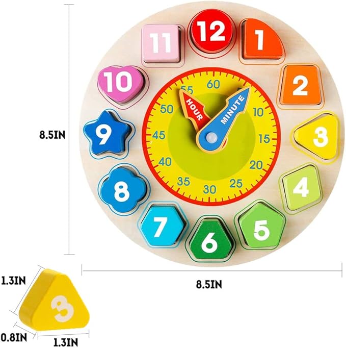Skrtuan Wooden Shape Color Sorting Clock- Teaching Time Number Blocks Clock Shape Sorting Puzzle Montessori Early Learning Educational Toy Gift for 1 2 3 Year Old Toddler Baby Kids