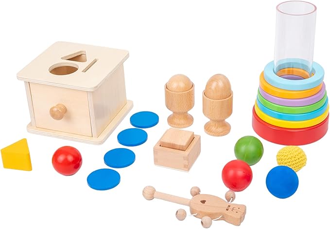 Adena Montessori Play Kit for 9-10 Months Baby,7 in 1 Learning Educational Toys for Toddler,Include Clear Tube with Stacking Rings,Coin Box,Wooden Rattle and more,Christmas Birthday Gift for Boys Girl