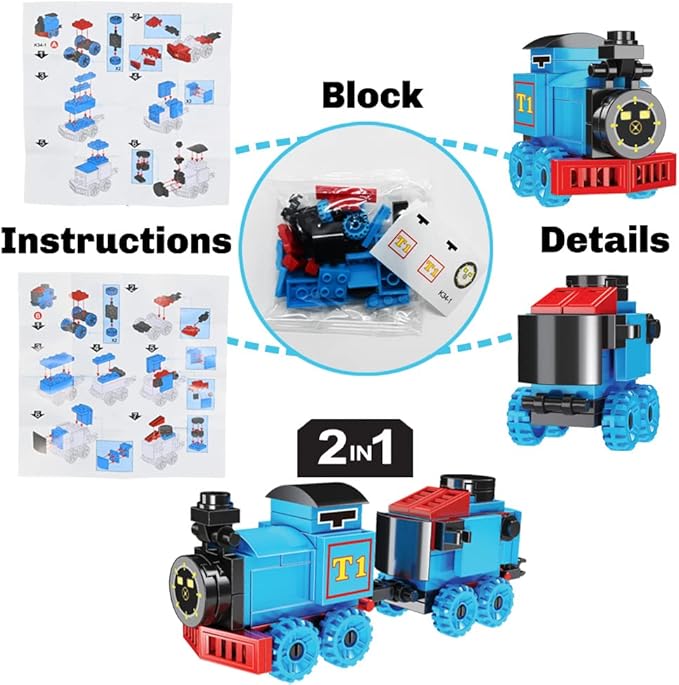 24 Packs Train Building Blocks with Valentines Gift Cards, 6 in 1 Train Building Blocks Sets for Boys Girls Goodie Bags Carnival Prizes Birthday Supplies, Classroom Exchange Prize, Valentine Party