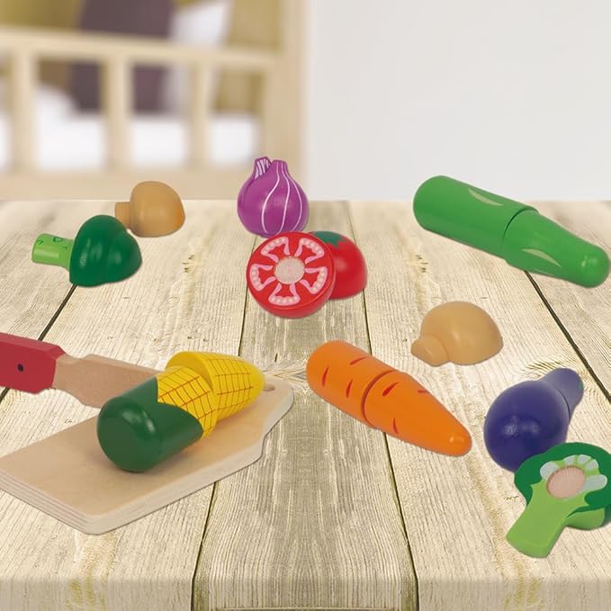 Wooden Cutting Fruits Vegetables Set for Kids, Pretend Play Food Toy Set with Wooden Knife, Tray and Basket for Boys Girls (Vegetable Basket)