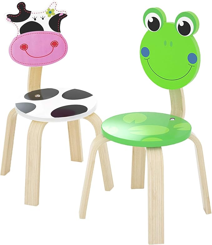 iPlay, iLearn 2 PCS Wooden Kids Chair Sets, Natural Hardwood Frog & Cow Animal Children Chairs, Furniture Set for Toddlers Kids Boys Girls, Stackable for Playroom, Nursery, Preschool, Kindergarten