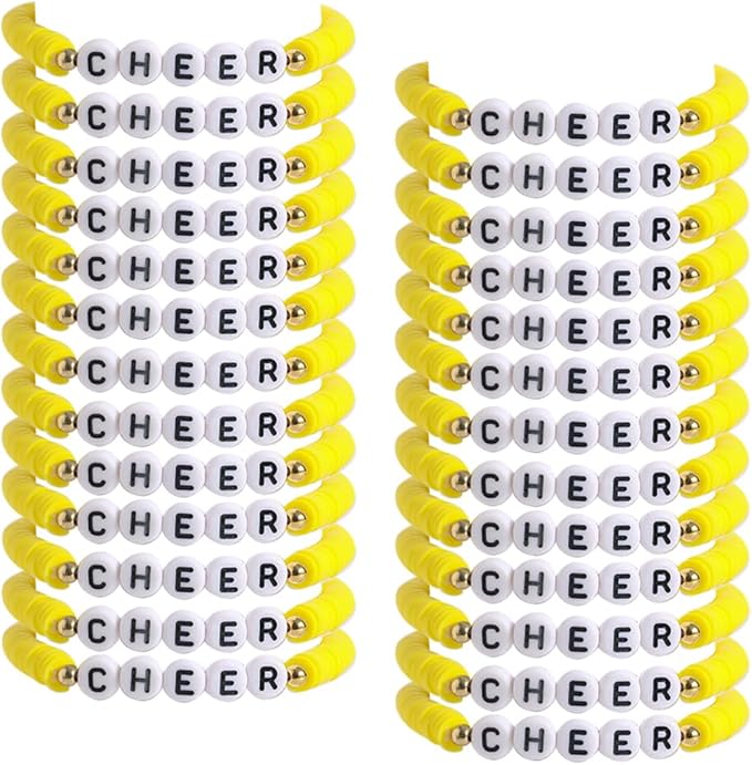 24 Pcs Cheerleader Gifts for Girls Handmade Friendship Bracelets for Teen Girls Stretch Cheer Bracelets Y2k Cheer Stuff Stackable Clay Bead Bracelets Bulk Teens Birthday Christmas Party Favors