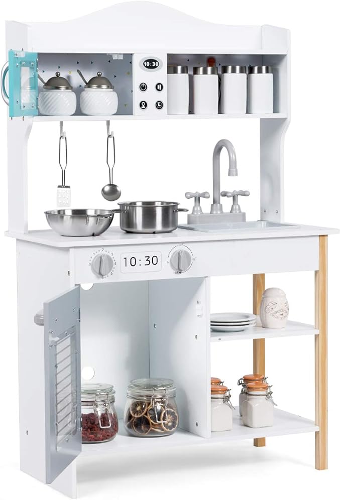 ARLIME Kids Kitchen Playset, Wooden Toy Toddler Kitchen w/ Simulated Sound, Accessory Utensils, Blackboard, Sink, Stovetop, Cabinets, Pretend Play Kitchen for Boys Girls