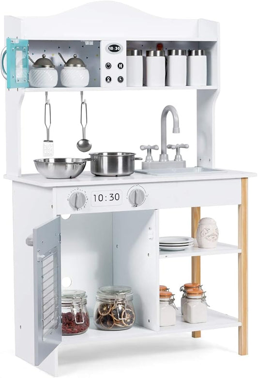 ARLIME Kids Kitchen Playset, Wooden Toy Toddler Kitchen w/ Simulated Sound, Accessory Utensils, Blackboard, Sink, Stovetop, Cabinets, Pretend Play Kitchen for Boys Girls