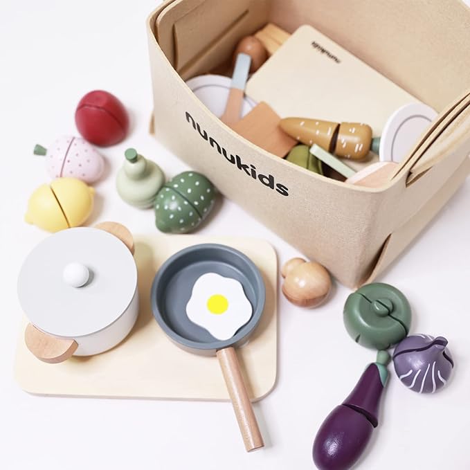 Wooden Play Food Sets for Kids Kitchen 42 pc Wooden Toys with Storage Basket Wood Pretend Food Play Kitchen Accessories Set