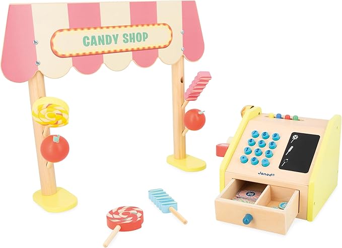 Janod - Applepop Children's Merchant - Imitation Game with Cash Register - 19 Accessories - Develops Imagination - FSC Wooden Toy - Water Painting - Suitable for Ages 3 and Above