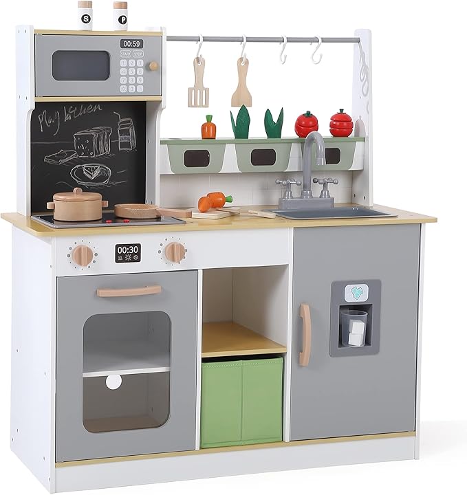 Wooden Play Kitchen, Farm to Kitchen Set, Kids Kitchen Toys with Cookware Accessories, Kitchen Play for Boys and Girls