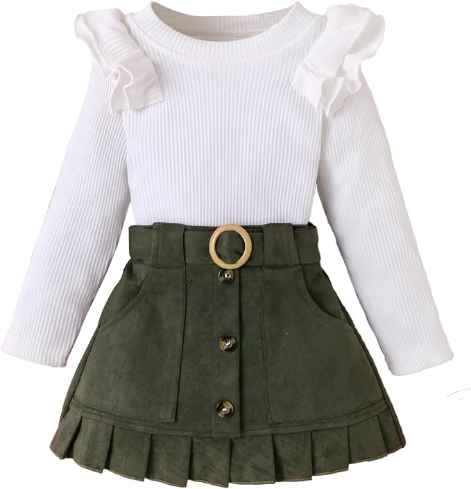 Fernvia Toddler Baby Girl Fall Winter Skirt Set Turtleneck Ribbed Long Sleeve T-Shirt Top & Plaid Skirts Dress 2Pcs Outfits