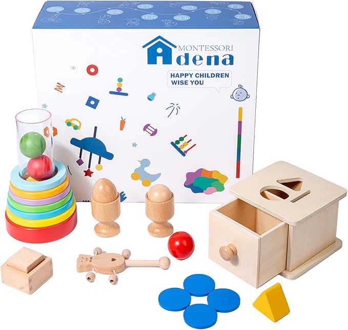 Adena Montessori Play Kit for 9-10 Months Baby,7 in 1 Learning Educational Toys for Toddler,Include Clear Tube with Stacking Rings,Coin Box,Wooden Rattle and more,Christmas Birthday Gift for Boys Girl