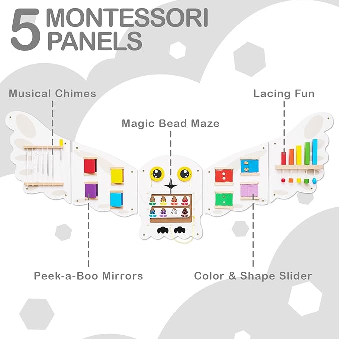 Monläurd® Owl Montessori Busy Board,Sensory Board,Educational Toys,Activity Cube,Wall Toys,Daycare Furniture,Playroom Furniture,Interactive Toys,Wooden Toys,Learning Toys,Boys and Girls 6 M+