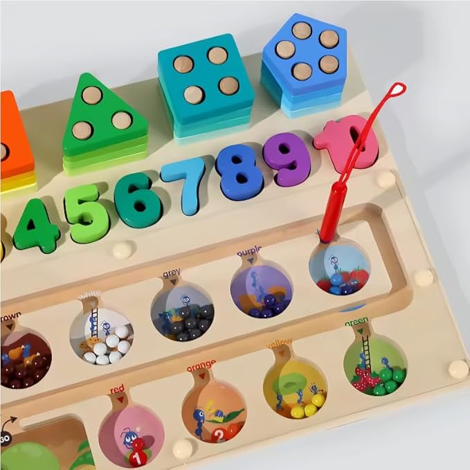 3-in-1 Magnetic Wooden Maze, Montessori Toys, Stacking Building Blocks Shape Sorter Number Board, Color Matching Educational Learning Toys for Kids, Toddler Gift, Toys for Boys Girls 3 4 5 Years Old