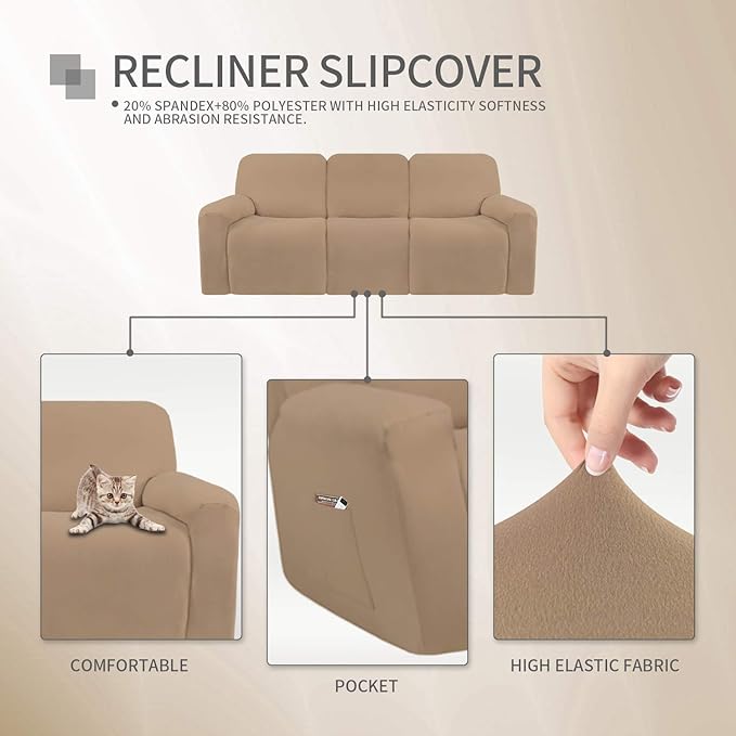 Easy-Going 8 Pieces Microfiber Stretch Sectional Recliner Sofa Slipcover Soft Fitted Fleece 3 Seats Couch Cover Washable Furniture Protector with Elasticity for Kids Pet(Recliner Sofa, Camel)