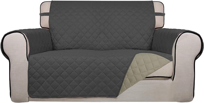 PureFit Reversible Quilted Sofa Cover, Water Resistant Slipcover Furniture Protector, Washable Couch Cover with Non Slip and Elastic Straps for Kids, Dogs, Pets (Loveseat, Dark Gray/Beige)