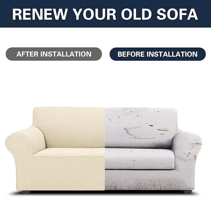 2025 New Stretch Sofa Slipcovers Couch Cover for 3 Cushion Furniture Protector Sofa Covers with Elastic Bottom Jacquard Fabric Small Checks for Pets, Kids -Sofa, Beige