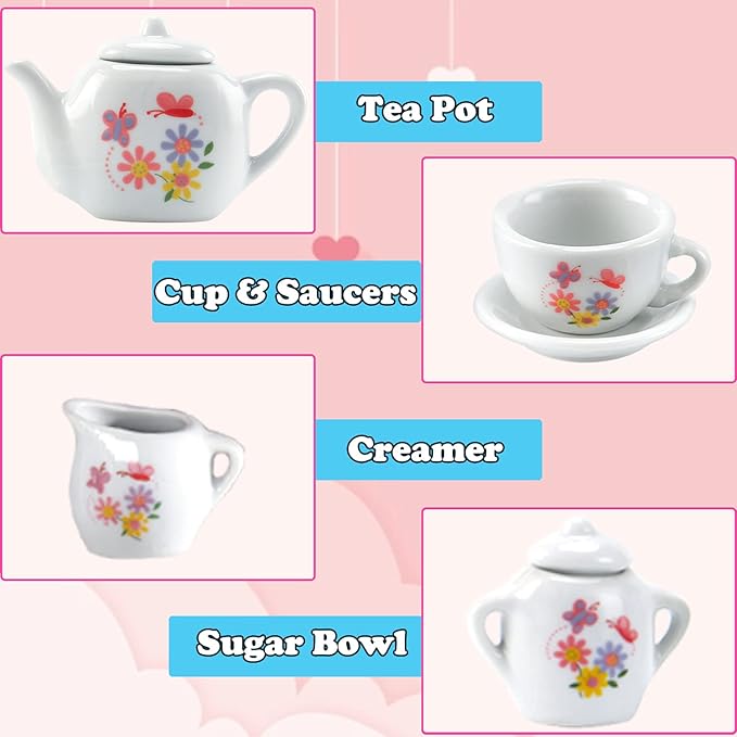 16 Piece Rose Flower Miniature Porcelain Ceramic Tea Set | Kids Toy Mini Pretend Play Kitchen Decorated Playset | Small Party Accessories Teapot, Cups, Sugar Bowl and Creamer