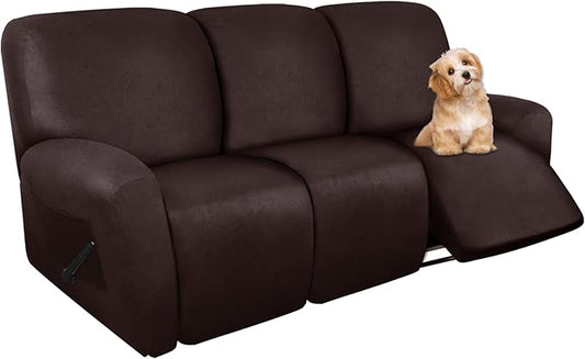 molasofa Recliner Sofa Covers - 8 Pieces Stretch Leather Like Large Couch Covers for 3 Seats Reclining Slipcovers Soft Jacquard Pattern Furniture Protector with Elastic Bottom (Chocolate)