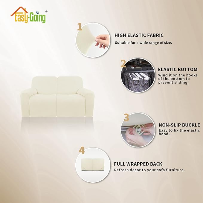 Easy-Going 6 Pieces Microfiber Stretch Sectional Recliner Sofa Slipcover Soft Fitted Fleece 2 Seats Couch Cover Washable Furniture Protector with Elasticity for Kids (Recliner Loveseat, Ivory)