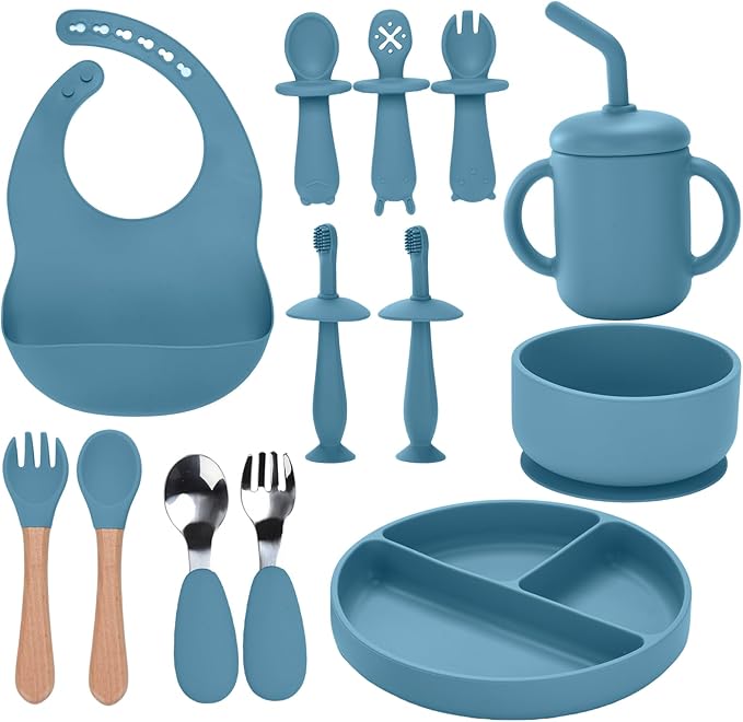 Silicone Baby Feeding Set,13PCS Baby Feeding Essentials with Suction Bowl and Plate,Spoons & Forks,Bib & Cup,Baby Toothbrush,Baby Led Weaning Supplies for 6+ Months,Baby Eating Essentials (Blue)