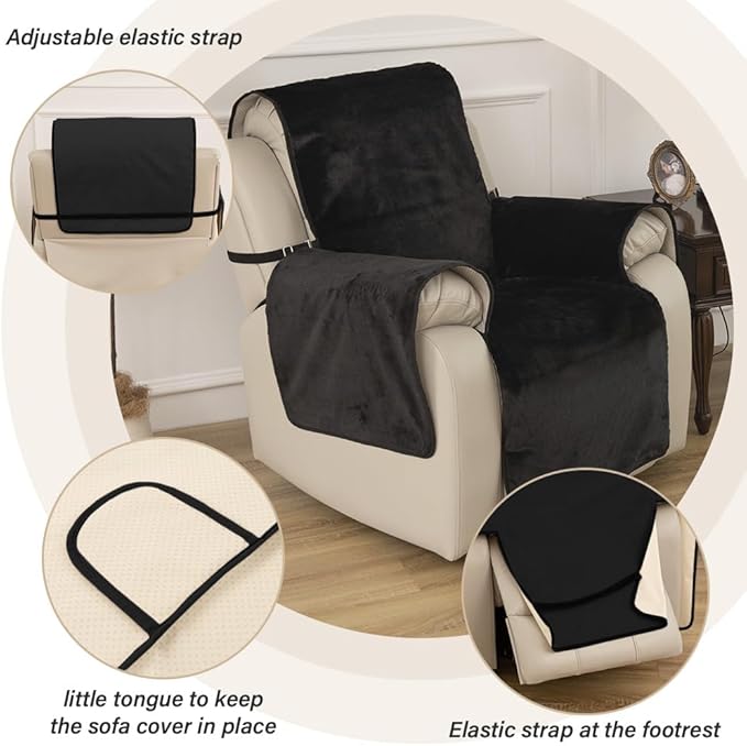 RBSC Home Waterproof Faux Fur Recliner Covers - Black Antislip Recliner Chair Slipcover Faux Rabbit Plush Furniture Protector with Elastic Straps for Kids, Dogs, Pets