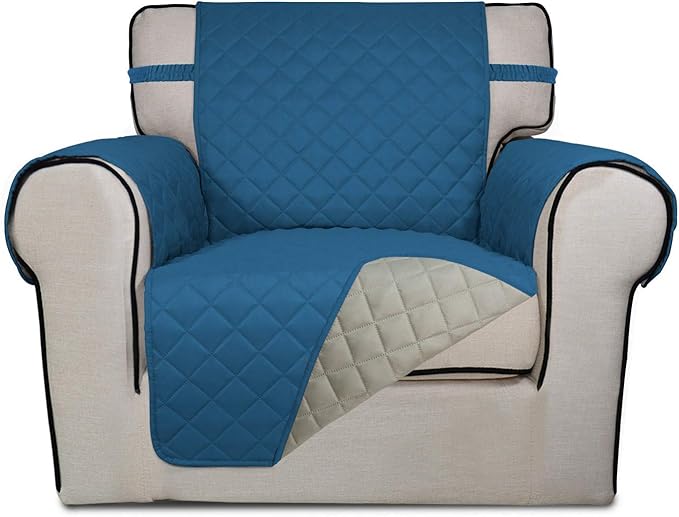 PureFit Reversible Quilted Sofa Cover, Water Resistant Slipcover Furniture Protector, Washable Couch Cover with Non Slip Foam and Elastic Straps for Kids, Pets (Small, Peacock Blue/Beige)