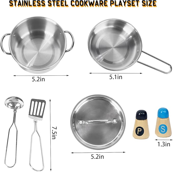 Kids Play Kitchen Toys, Stainless Steel Kitchen Utensils, Pretend Play Kitchen Accessories, Montessori Learning Toy for Toddlers 1-3